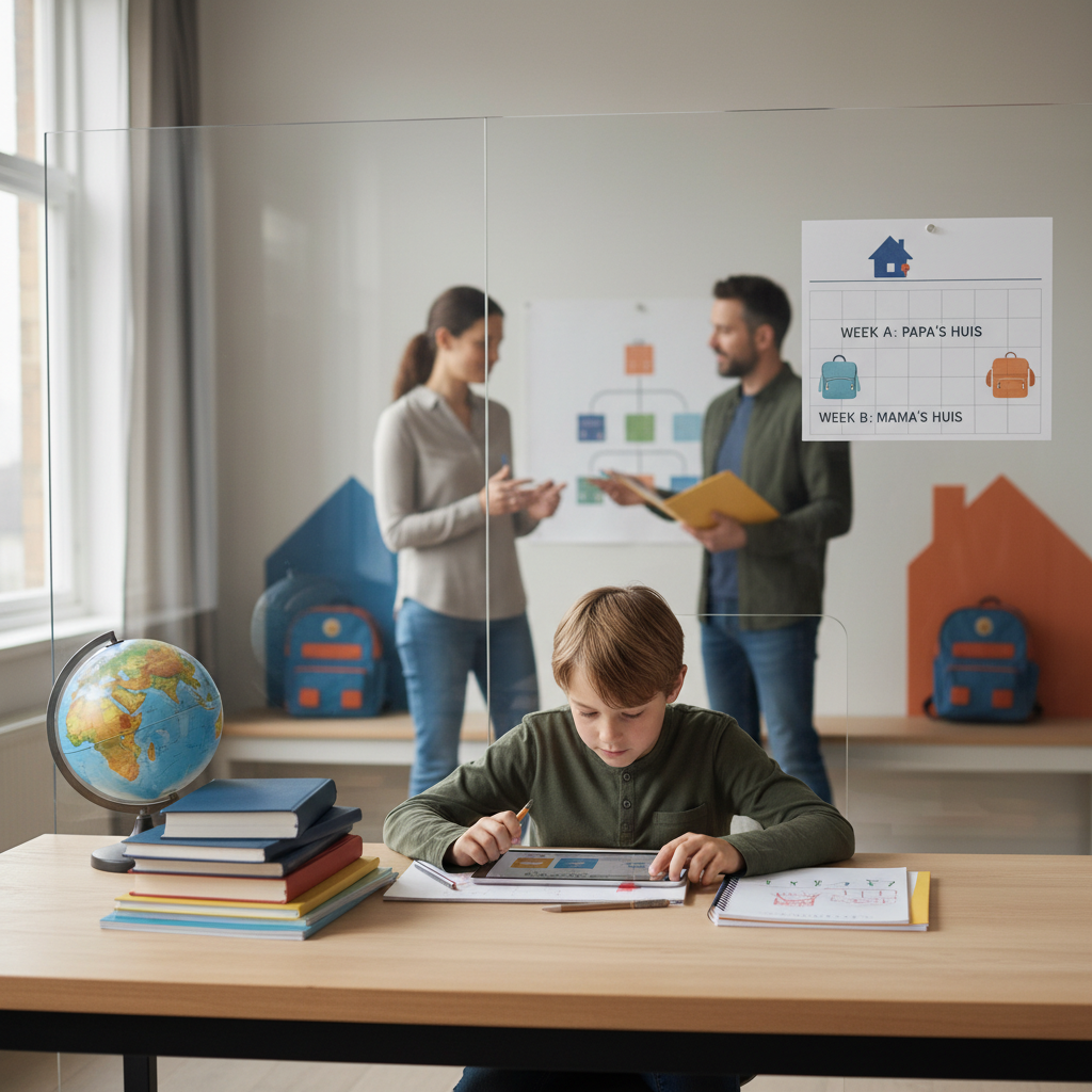 Kinderen en huiswerk bij twee ouders thuis - Illustratie over huiswerk scheiding in België