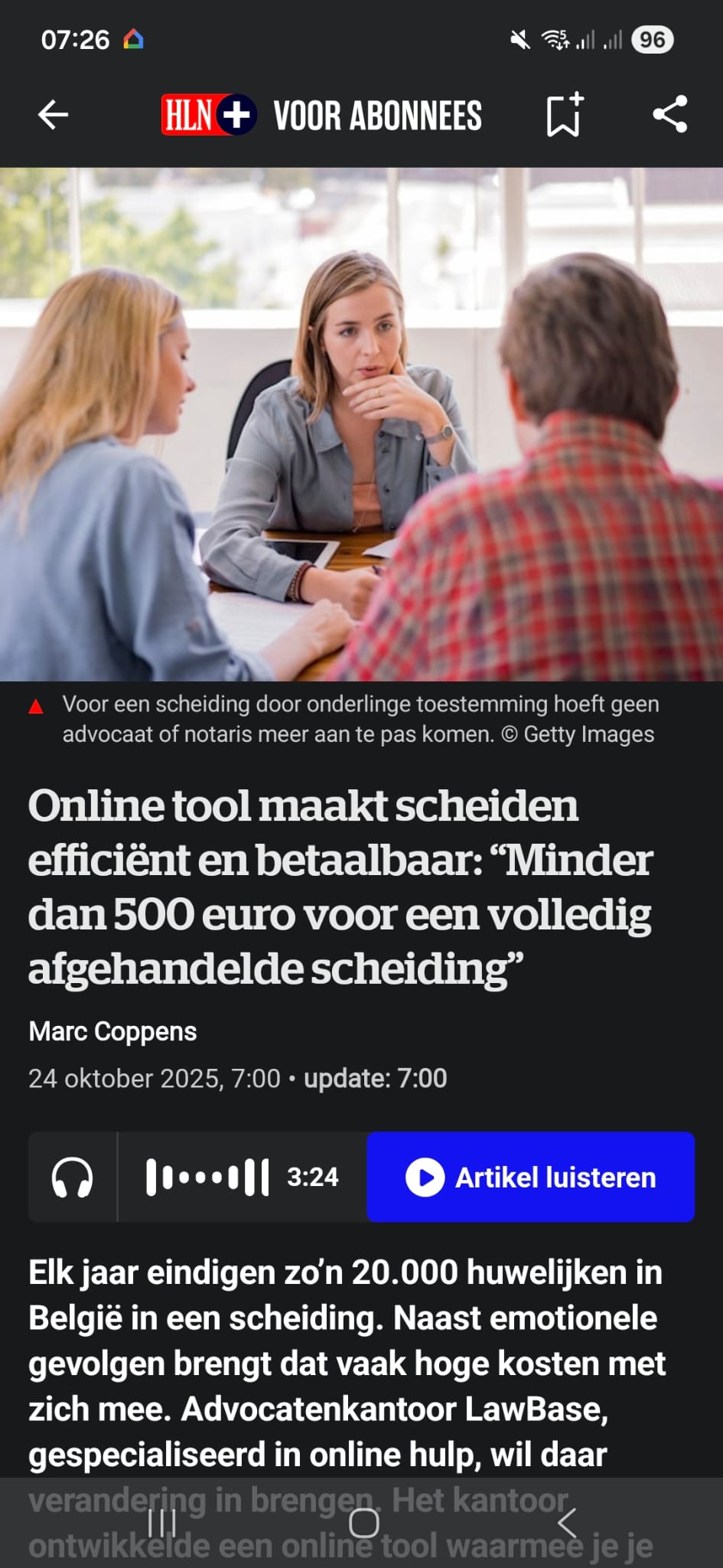 Media artikel: Scheiden is duur, maar niet met nieuwe tool echtscheidingshulp.be, zo gaat het in z’n werk. - Het Laatste Nieuws